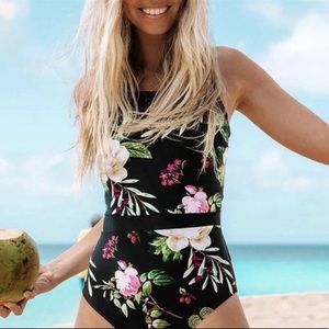 Ebony & Peony lace-back one-piece swimsuit black pink white peonies